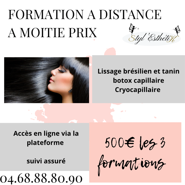 offre limitée 3 formations soins capillaires à distance : lissage brésilien et tanin, Botox capillaire, cryo capillaire 500€